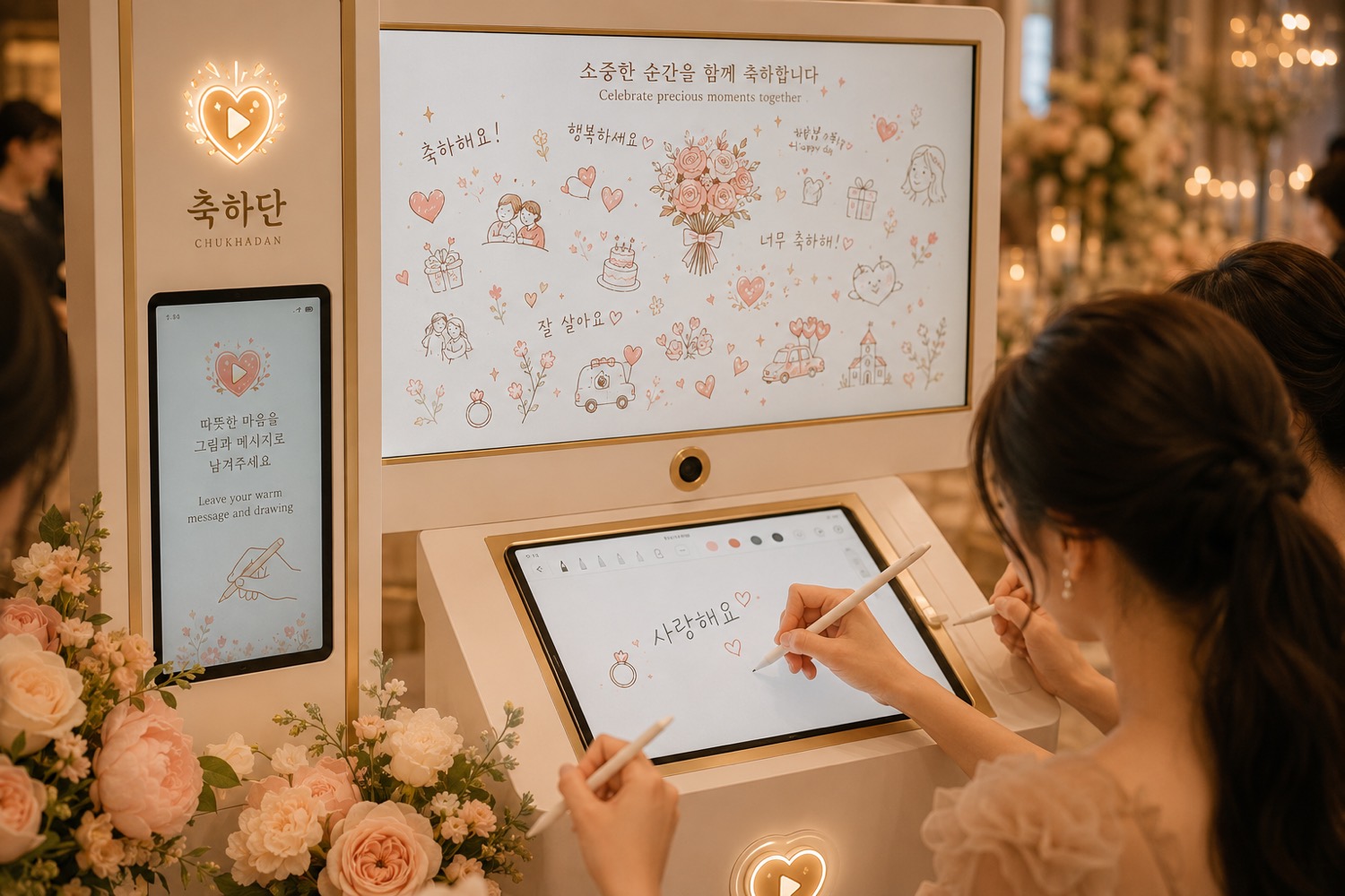 메모리 캔버스 — 하객들이 태블릿에 손그림과 축하 메시지를 그려 하나의 캔버스로 모인다