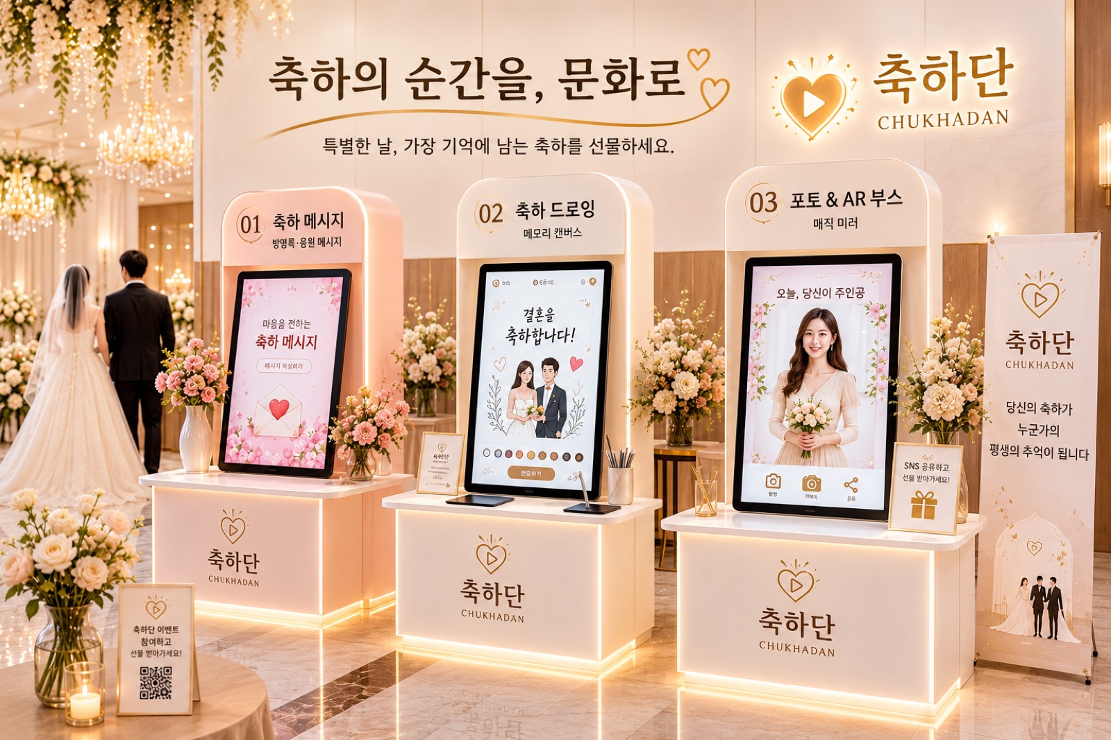 축하단 웨딩 부스 라인업 — 축하 메시지, 축하 드로잉, 포토 & AR 부스