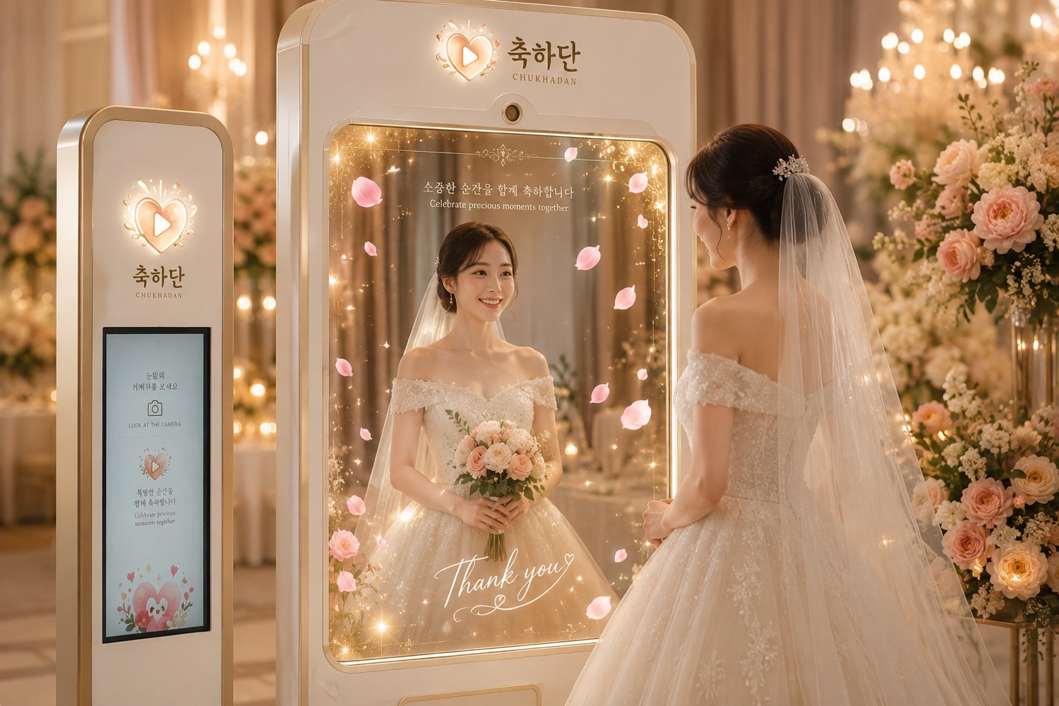 매직 미러 — 거울 앞 신부에게 AR 면사포와 꽃비가 합성된다
