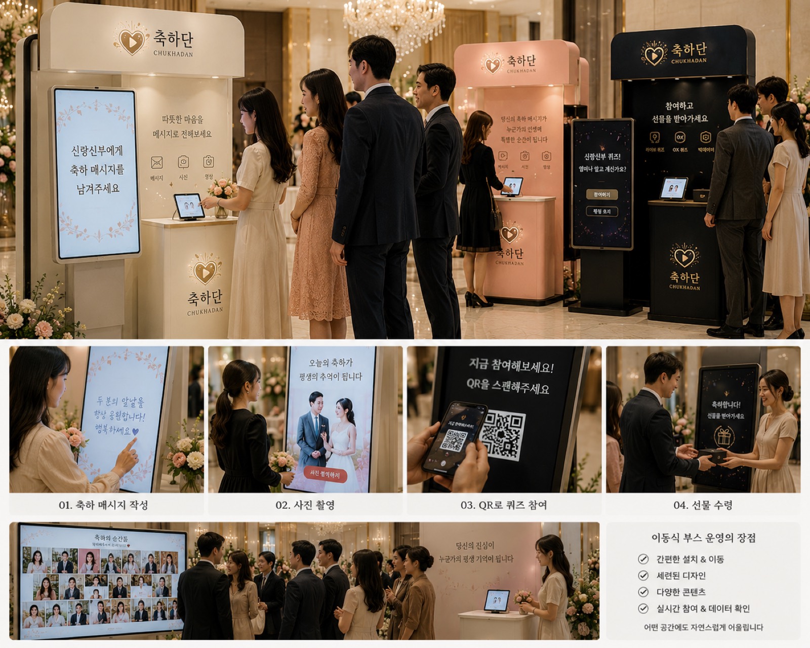 축하단 이용 4단계 — 축하 메시지 작성, 사진 촬영, QR 퀴즈 참여, 선물 수령