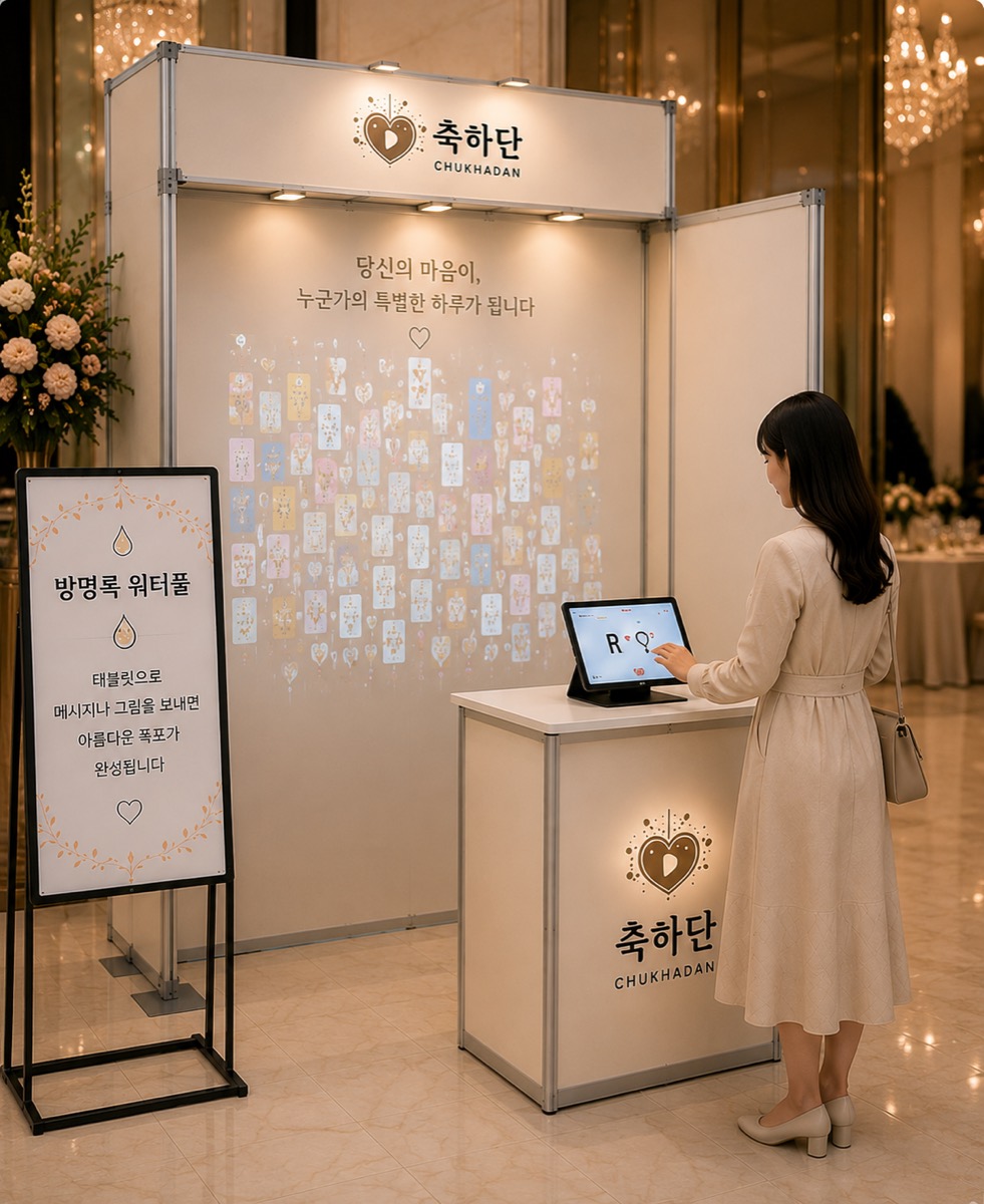 방명록 워터폴 부스 — 하객이 태블릿으로 축하 메시지를 남기면 벽면에 떠오른다
